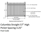 SOP 3^ Columbia Straight Picket Fence 57^ H x 6' W Section White, Pool Code