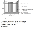 SOP 3^ Classic Concave Picket Fence 57^ H x 6' W Section White, Pool Code