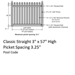 SOP 3^ Classic Straight Picket Fence 57^ H x 8' W Section White, Pool Code